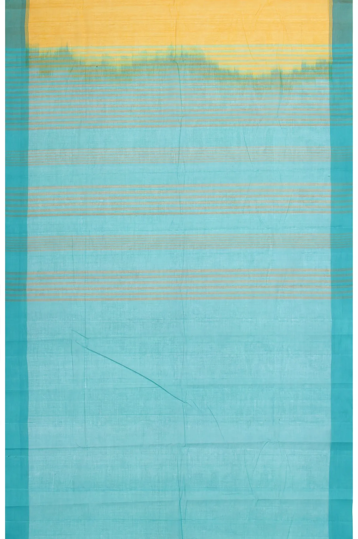 Mustard Kanchi Cotton Saree with Sea Blue Stripes and Plain Design
