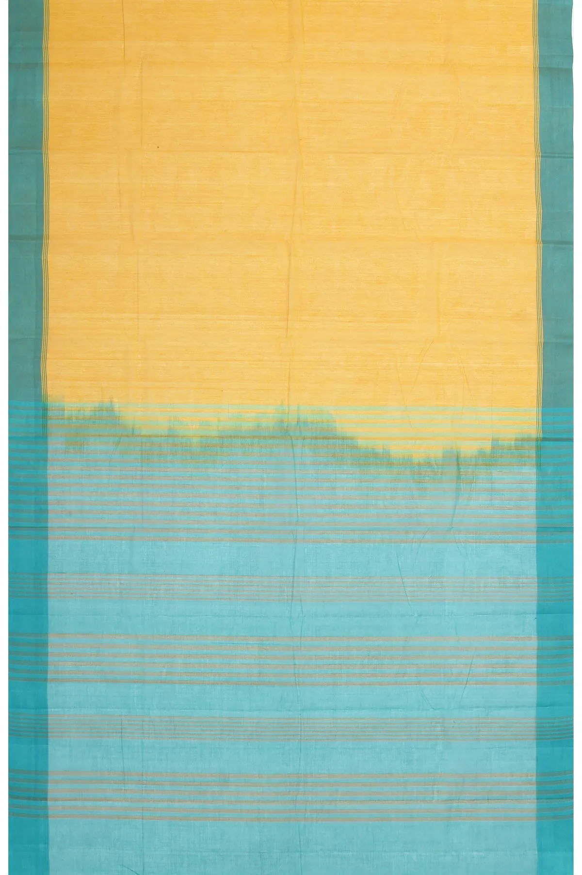 Mustard Kanchi Cotton Saree with Sea Blue Stripes and Plain Design
