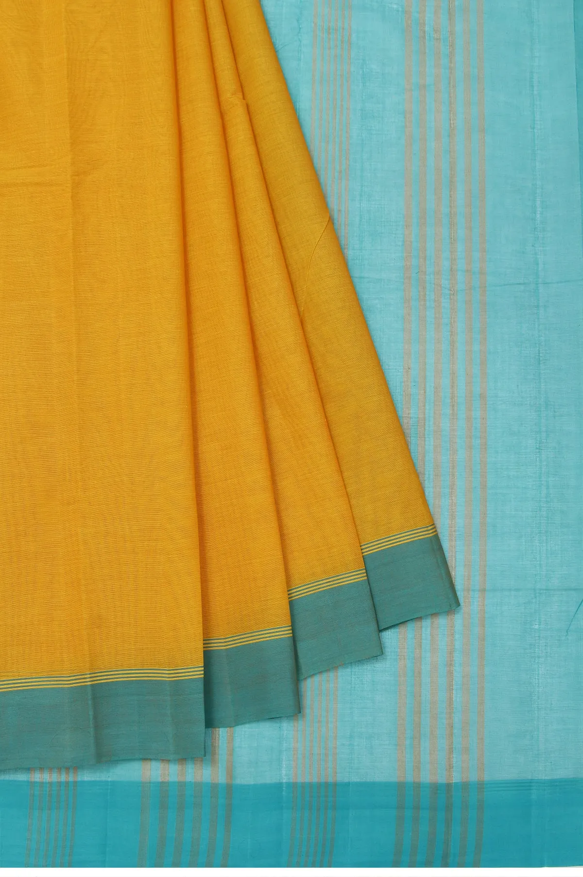 Mustard Kanchi Cotton Saree with Sea Blue Stripes and Plain Design