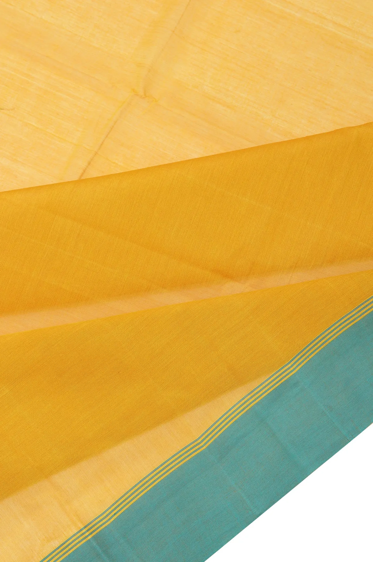 Mustard Kanchi Cotton Saree with Sea Blue Stripes and Plain Design