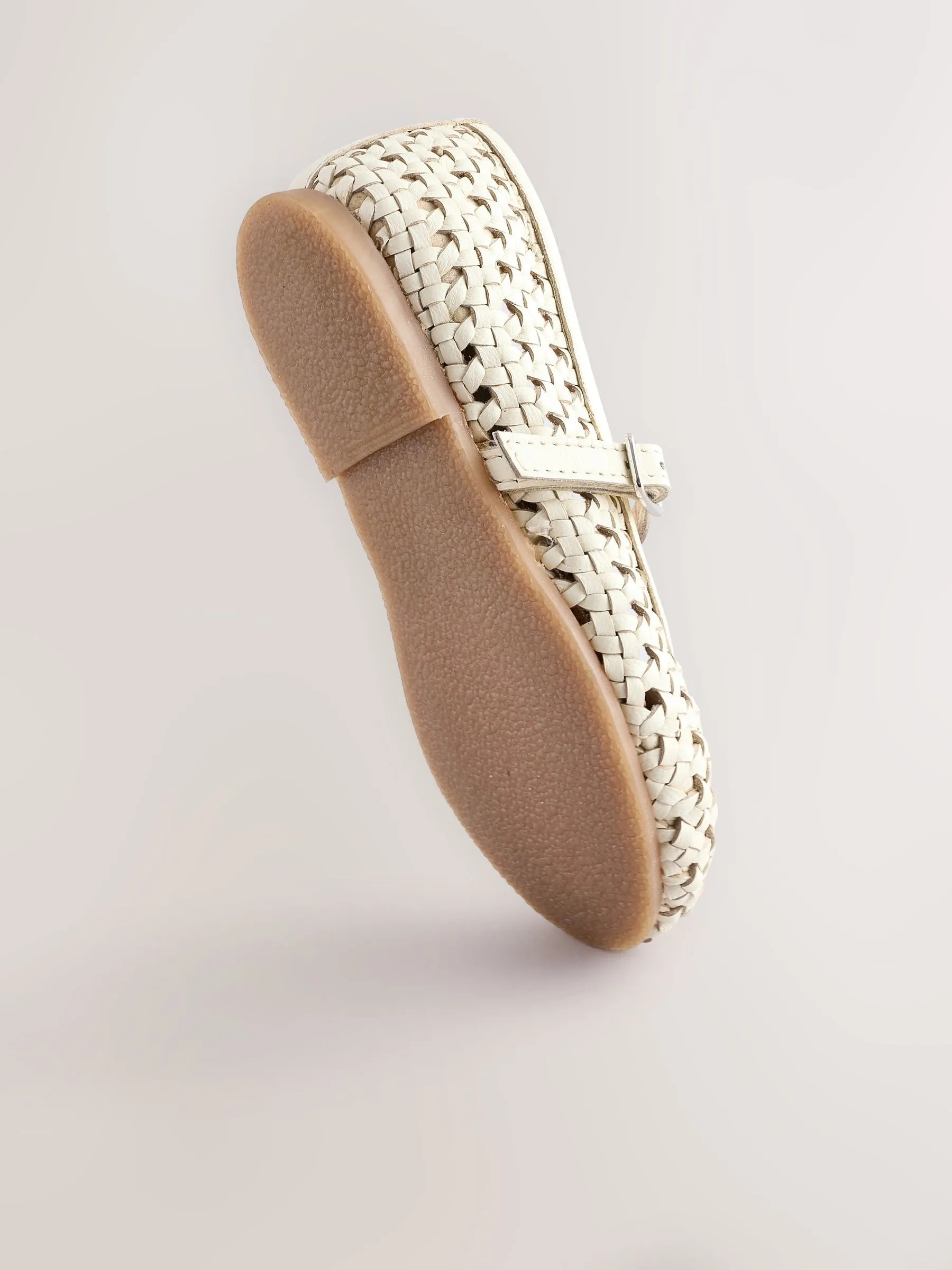 Neutral White Leather Woven Mary Jane Shoes