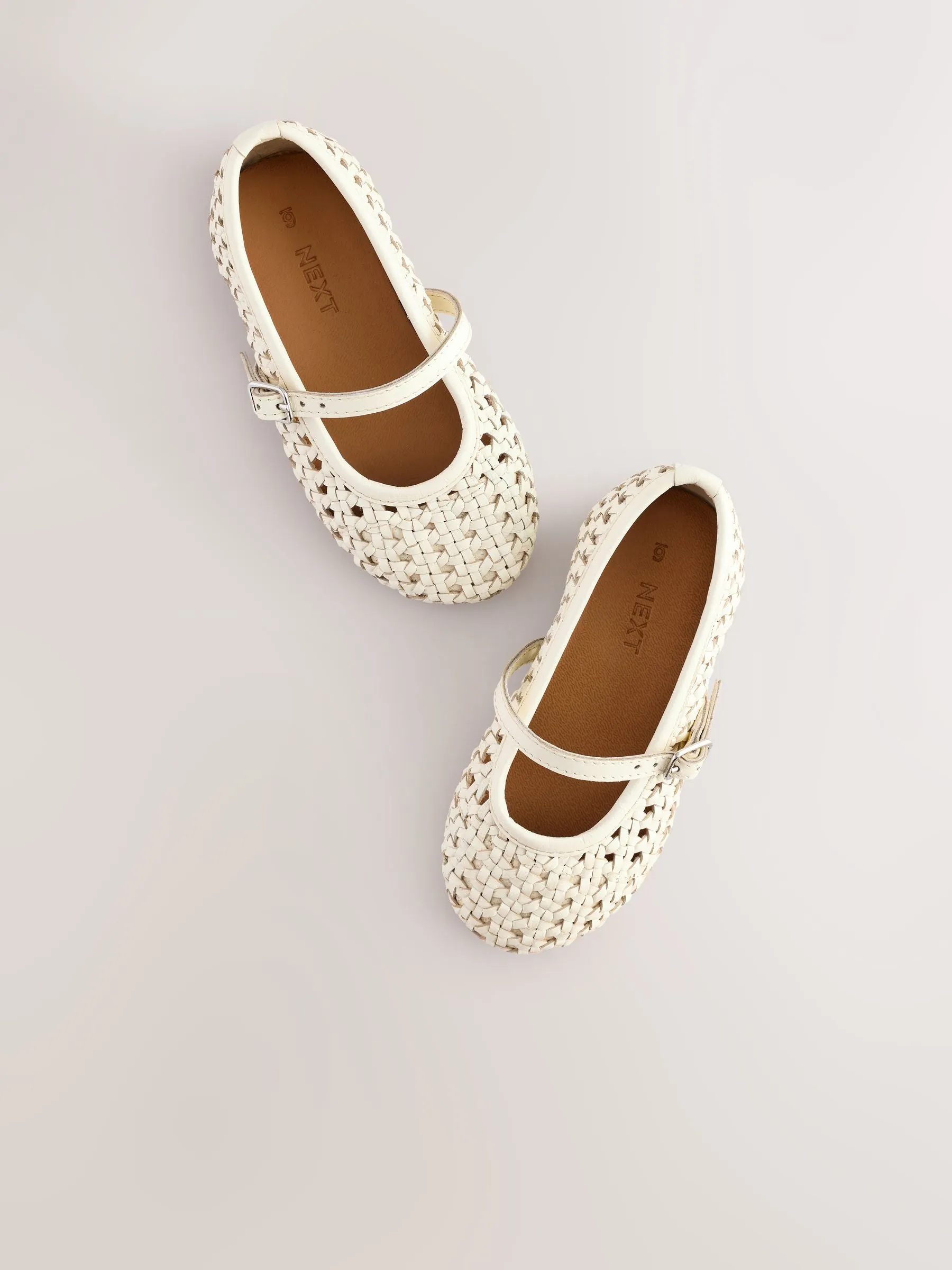 Neutral White Leather Woven Mary Jane Shoes