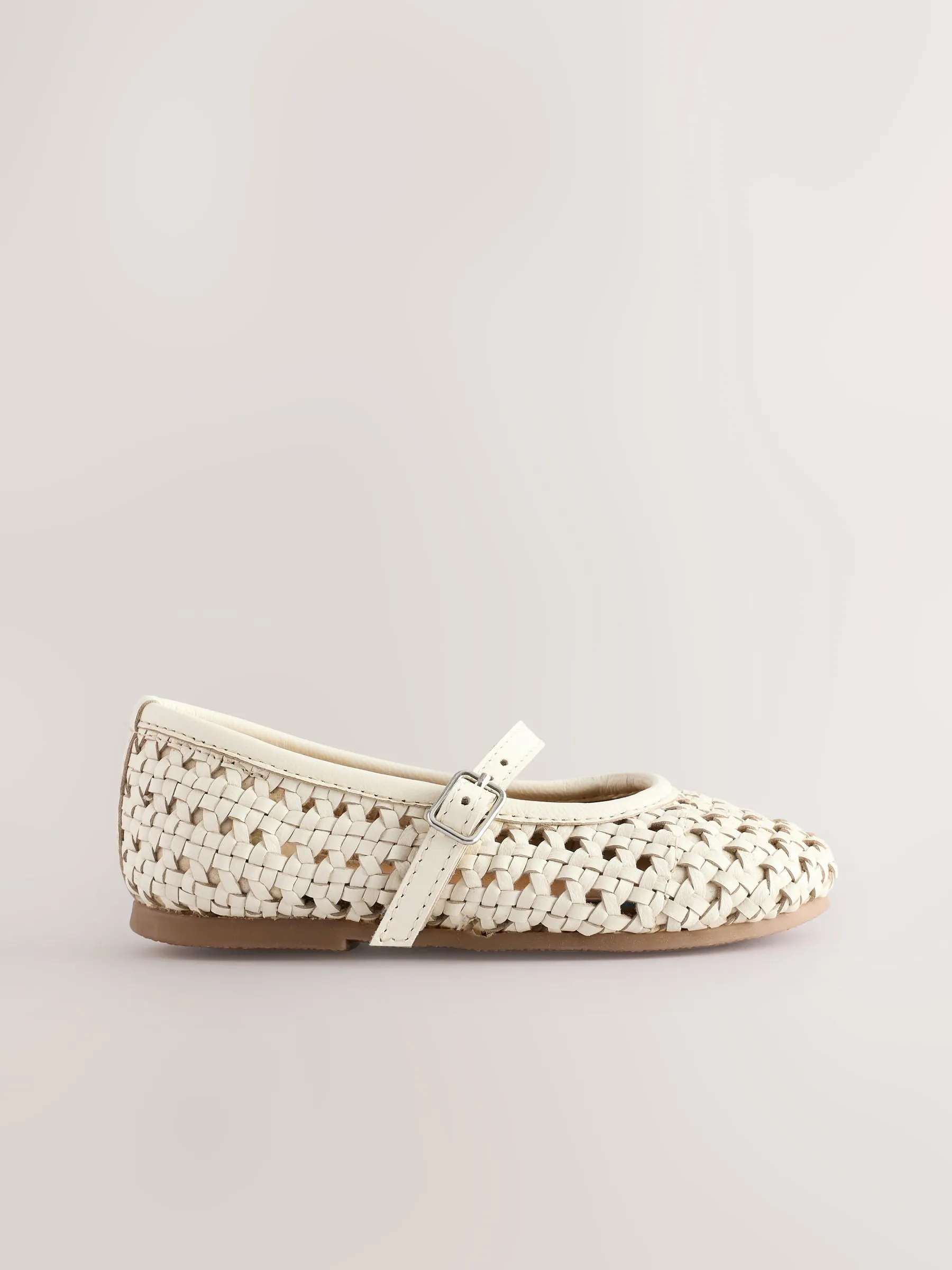 Neutral White Leather Woven Mary Jane Shoes