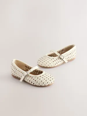 Neutral White Leather Woven Mary Jane Shoes