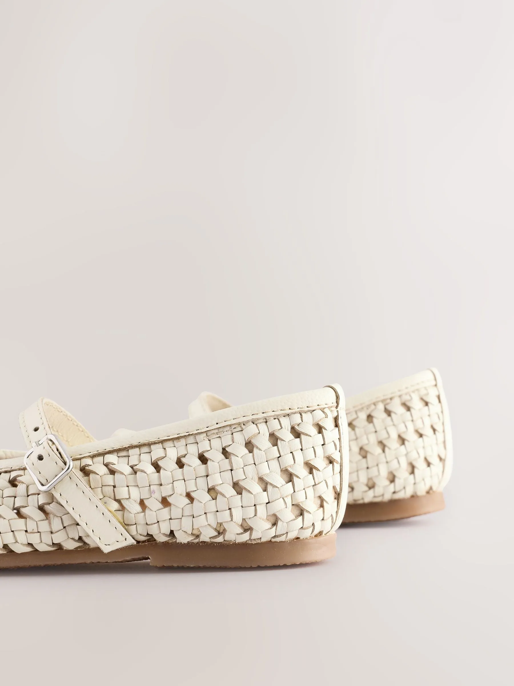 Neutral White Leather Woven Mary Jane Shoes
