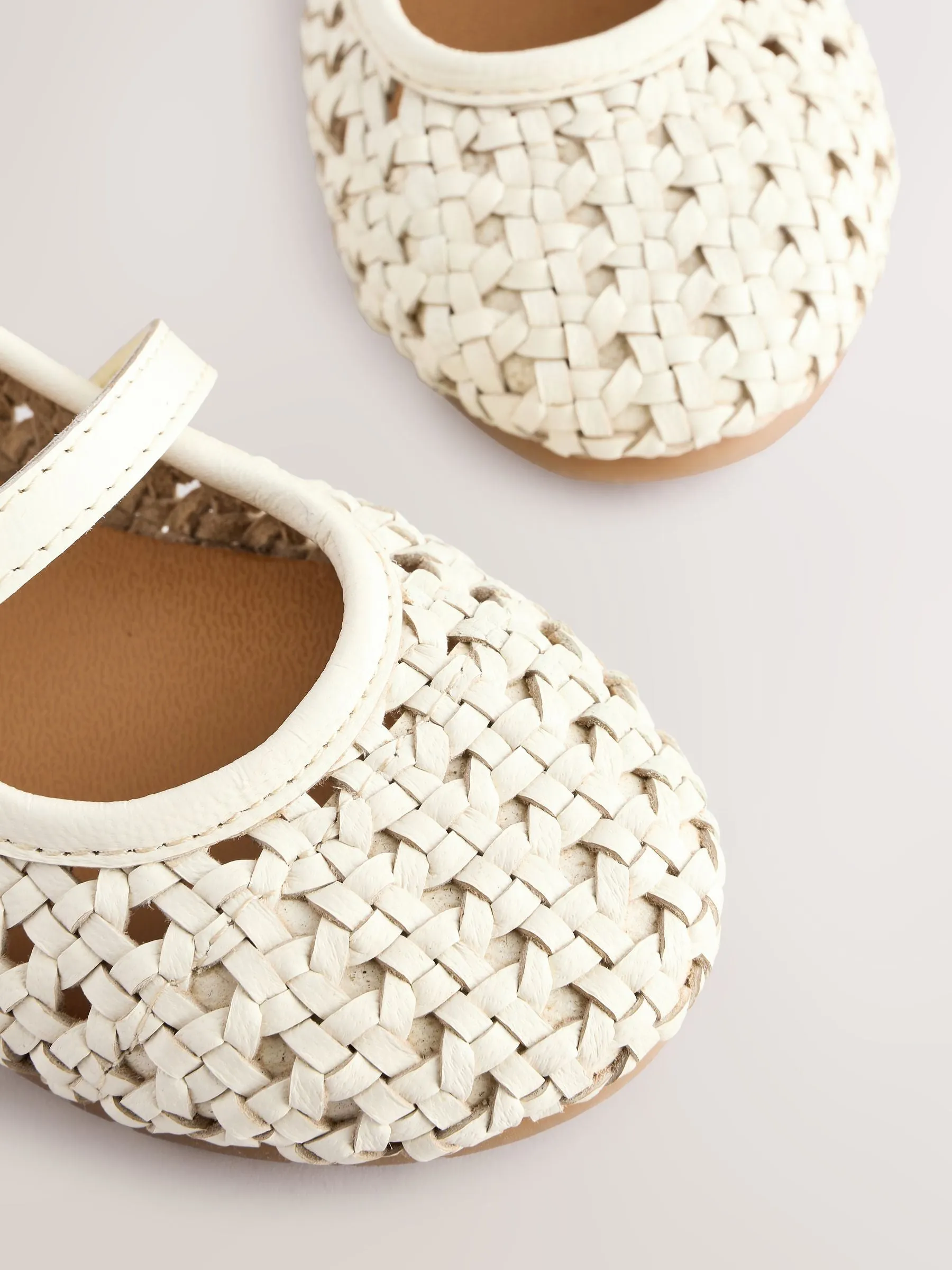 Neutral White Leather Woven Mary Jane Shoes