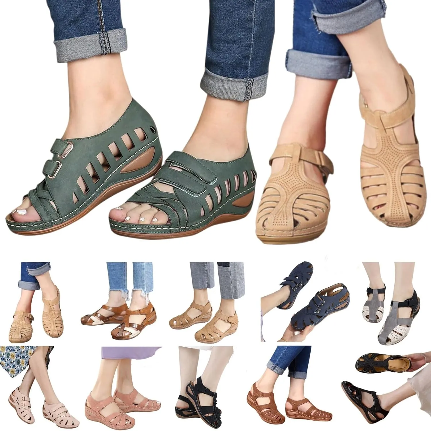 Orthopedic Womens Sandals Women Wedge Shoes Summer Casual Bohemia Gladiator Closed Toe Sandal Comfort Ankle Strap Slip On Hollow Out Slides for Women