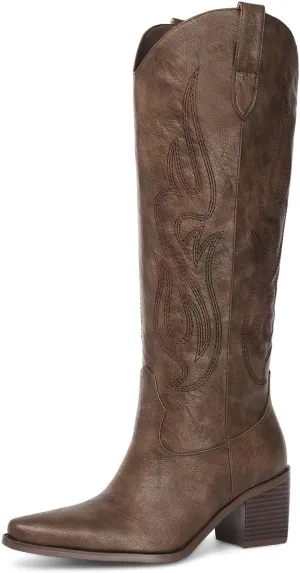 Pasuot Western Cowboy Boots for Women - Knee High Wide Calf Cowgirl Boots with Classic Embroidered, Slip On Pointed Toe Chunky Heel Fashion Retro Classic Pull On Tall Boot for Girls Ladies Fall Winter