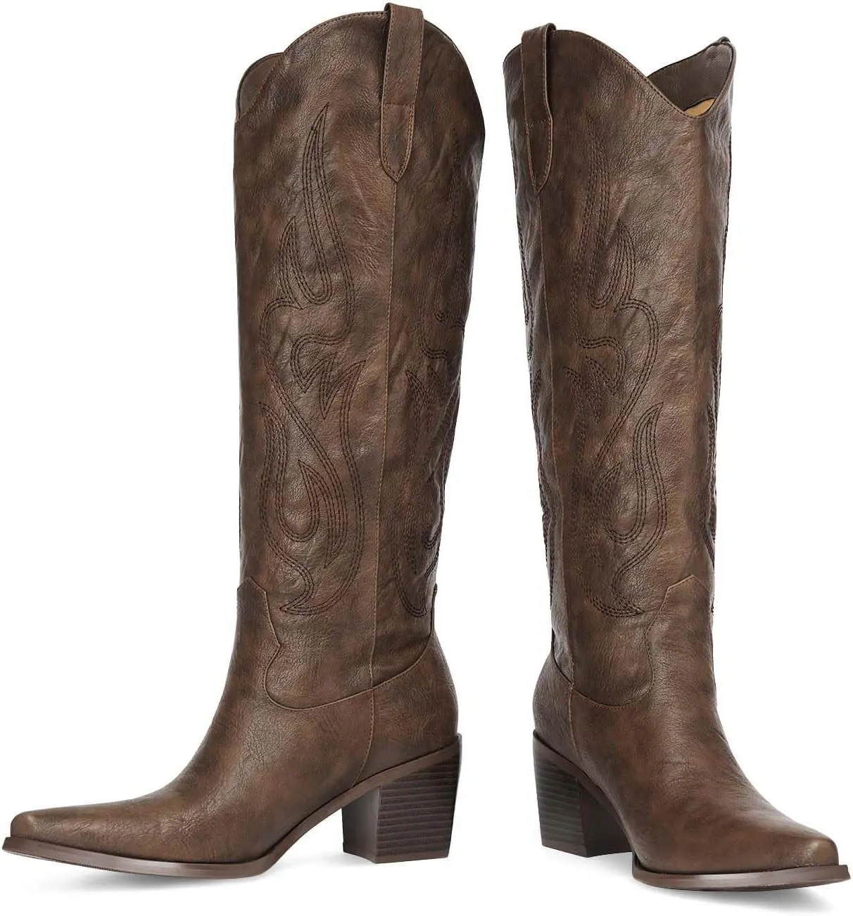 Pasuot Western Cowboy Boots for Women - Knee High Wide Calf Cowgirl Boots with Classic Embroidered, Slip On Pointed Toe Chunky Heel Fashion Retro Classic Pull On Tall Boot for Girls Ladies Fall Winter