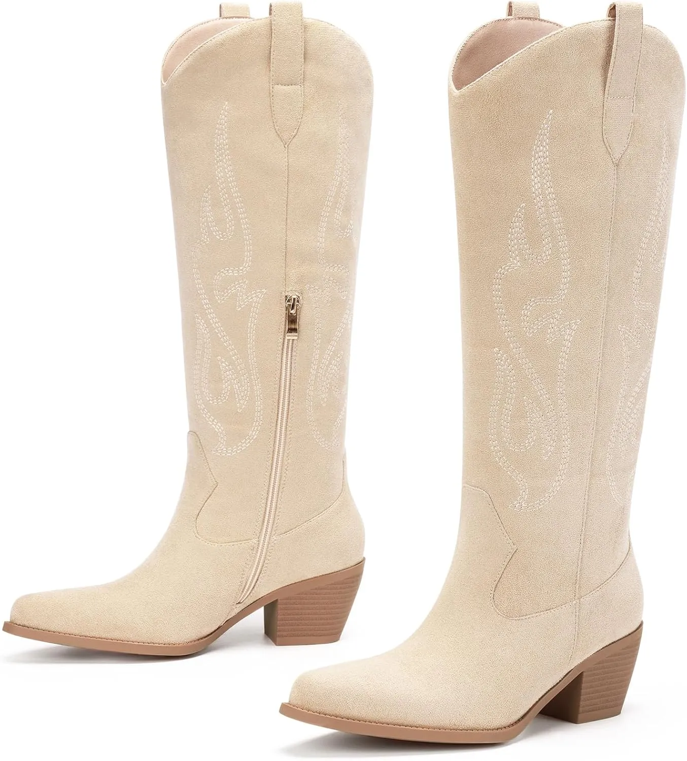 Pasuot Western Cowboy Boots for Women - Knee High Wide Calf Cowgirl Boots with Classic Embroidered, Slip On Pointed Toe Chunky Heel Fashion Retro Classic Pull On Tall Boot for Girls Ladies Fall Winter