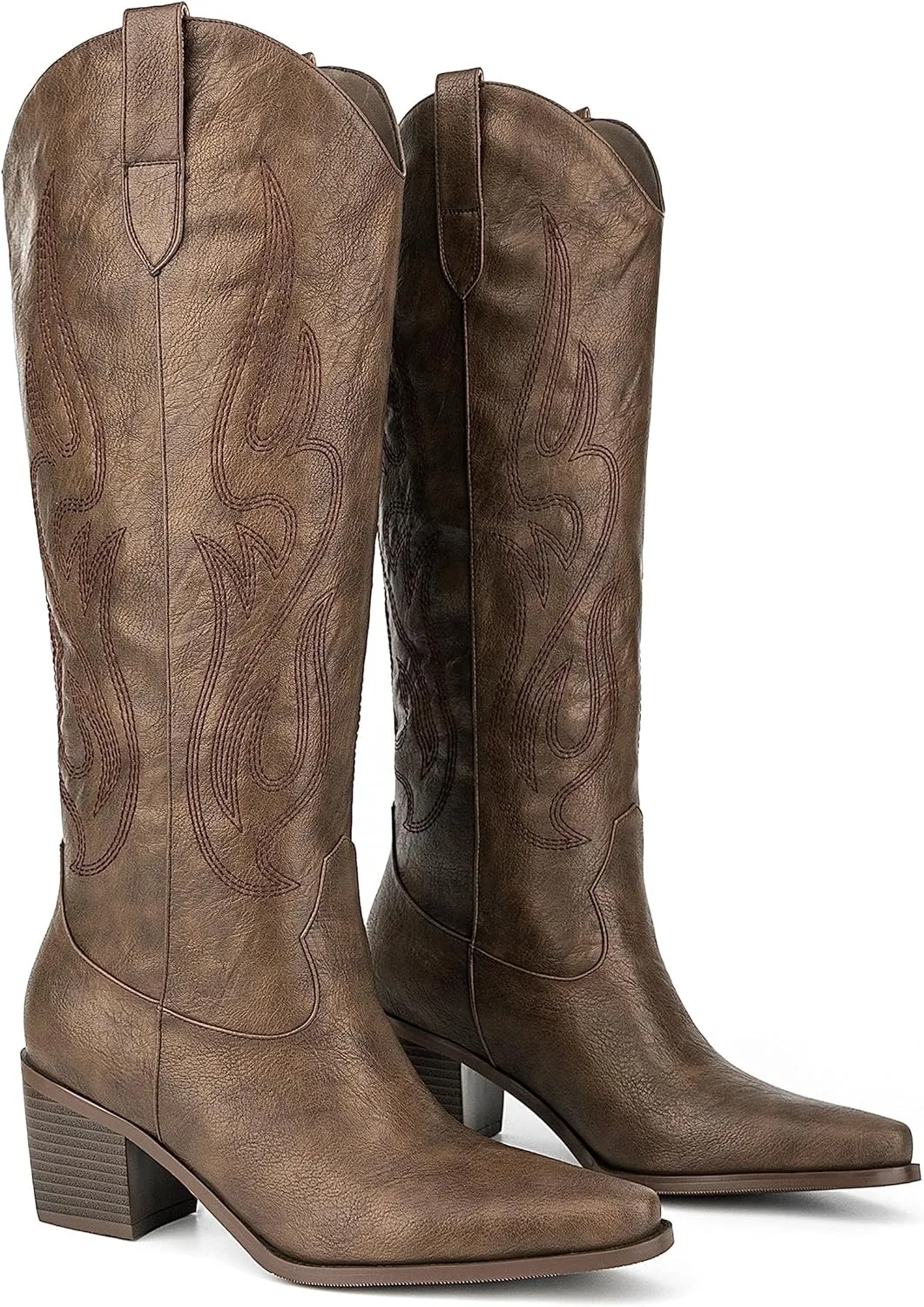 Pasuot Western Cowboy Boots for Women - Knee High Wide Calf Cowgirl Boots with Classic Embroidered, Slip On Pointed Toe Chunky Heel Fashion Retro Classic Pull On Tall Boot for Girls Ladies Fall Winter