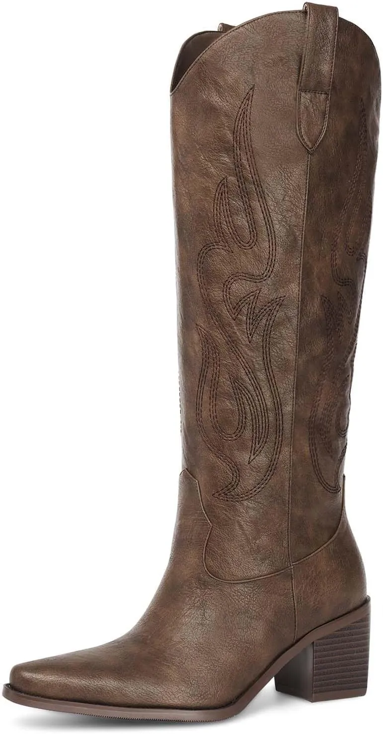 Pasuot Western Cowboy Boots for Women - Knee High Wide Calf Cowgirl Boots with Classic Embroidered, Slip On Pointed Toe Chunky Heel Fashion Retro Classic Pull On Tall Boot for Girls Ladies Fall Winter