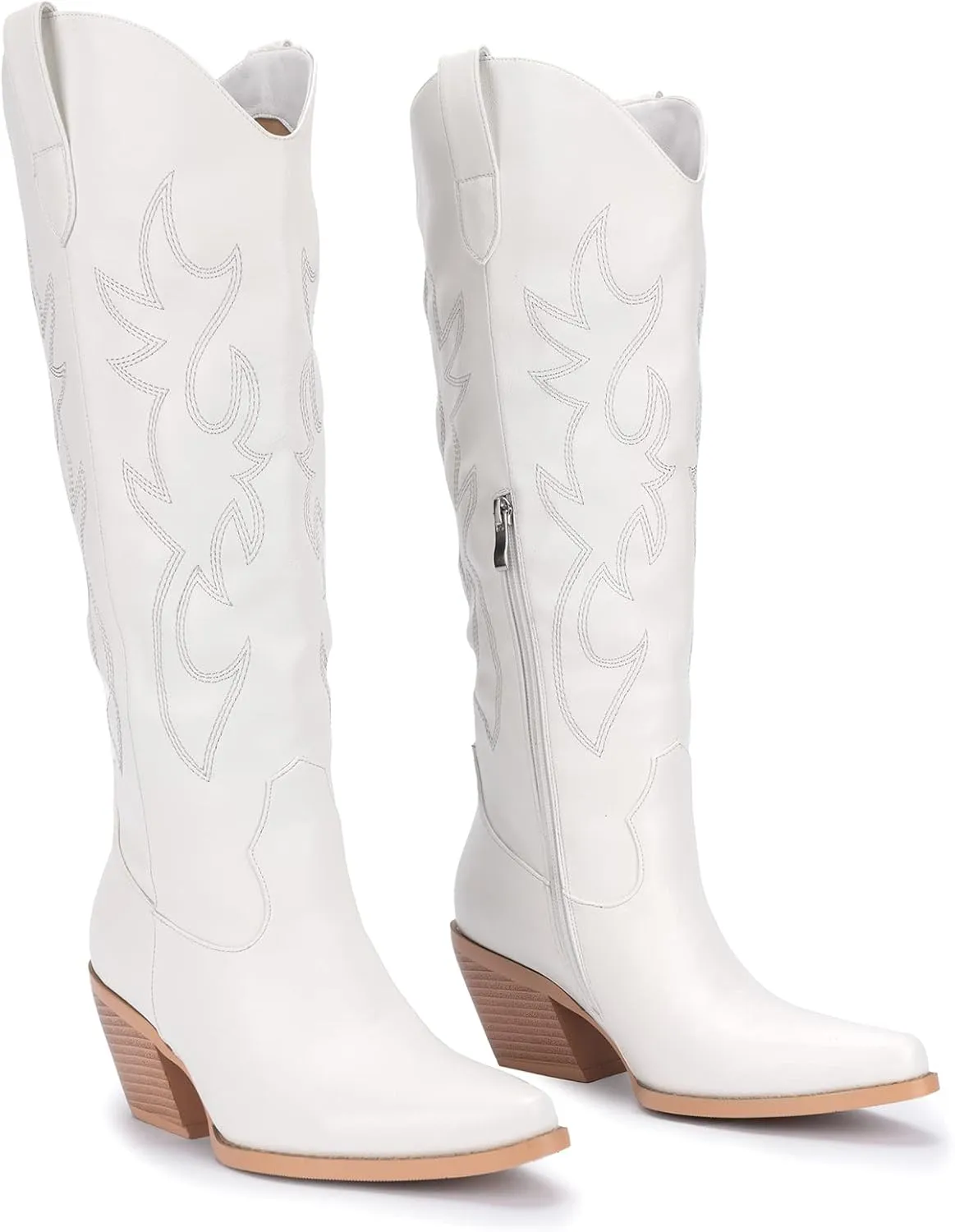 Pasuot Western Cowboy Boots for Women - Knee High Wide Calf Cowgirl Boots with Classic Embroidered, Slip On Pointed Toe Chunky Heel Fashion Retro Classic Pull On Tall Boot for Girls Ladies Fall Winter