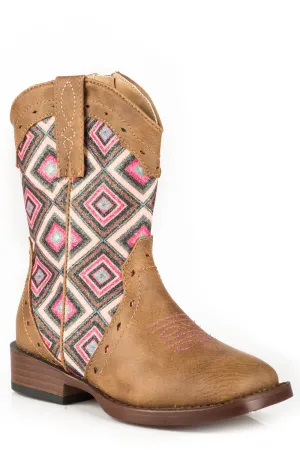 Roper Toddler Girls Glitter Geo Tan/Pink Faux Leather Cowboy Boots