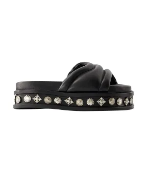 Smooth Leather Square Open-Toe Sandals with Ankle Strap