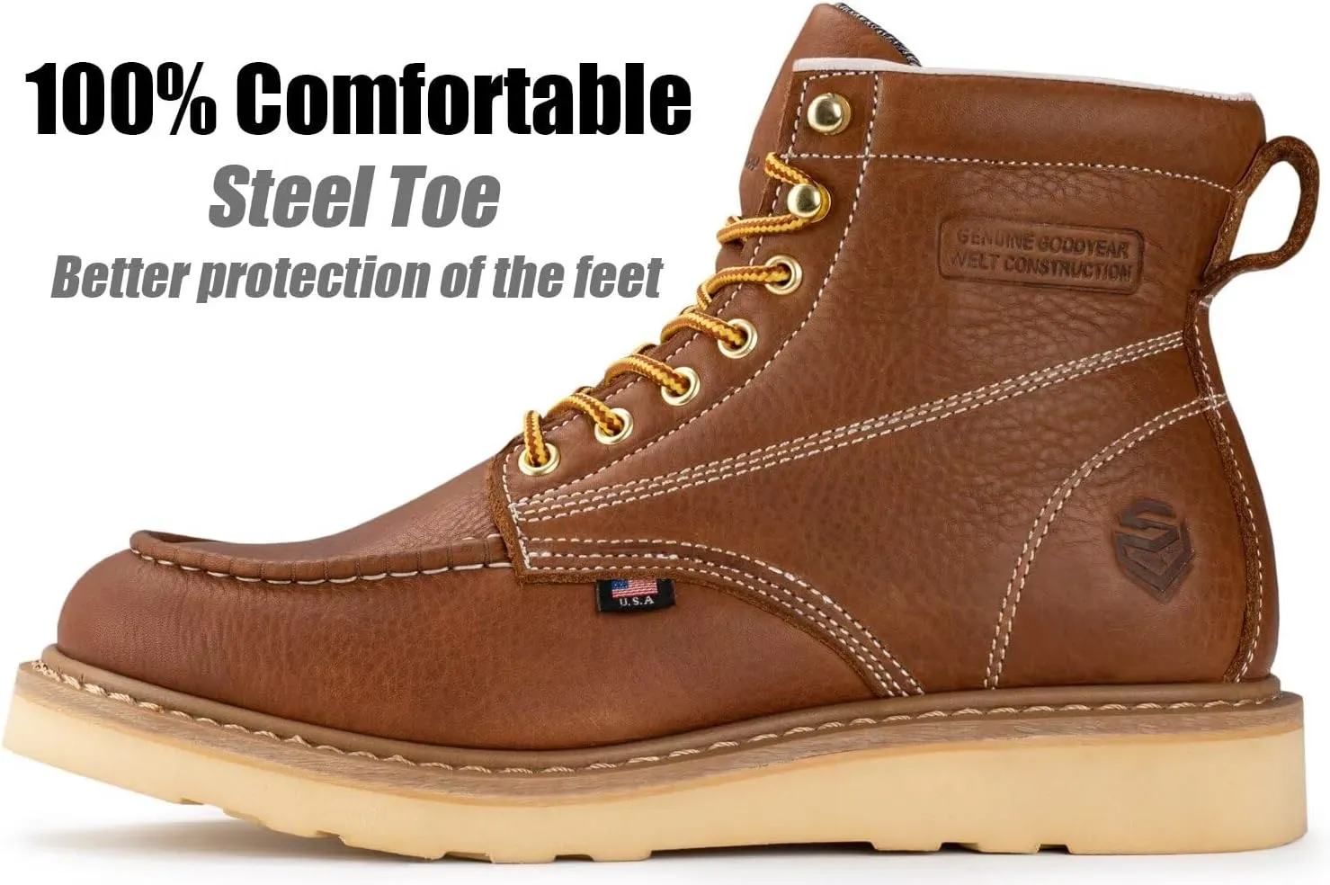 SUREWAY 6 Wedge Moc Toe Work Boots for Men - Soft Toe,Premium Full-Grain Leather,Lightweight Work Boots/Shoes,Comfort Insole,Oil/Slip Resistant,Real Goodyear,EH Rated Industrial Construction Boots