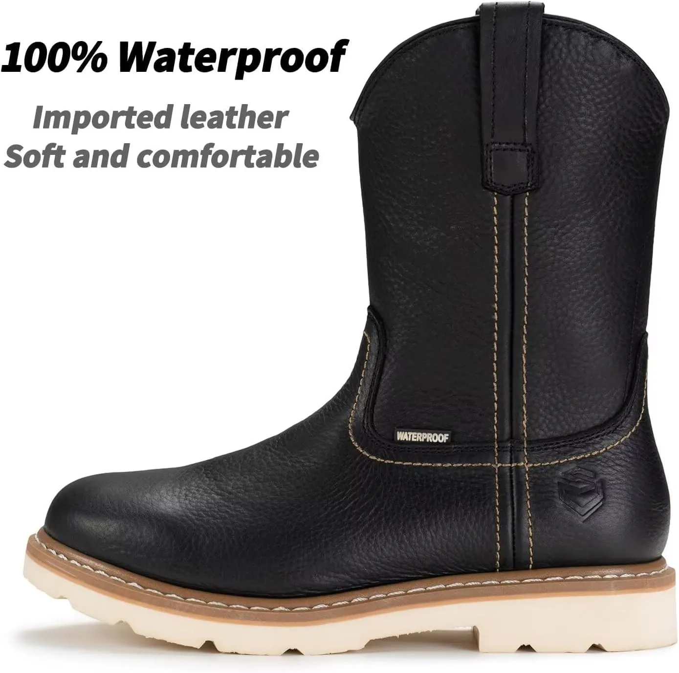 SUREWAY Mens 10 in Soft/Steel Toe Waterproof Wellington Boot,Heavy Duty Pull On Work Boots for Men,Full Grain Leather,Goodyear Welted,Superior Slip Resistant,Waterproof Soft Toe Black,Size 9