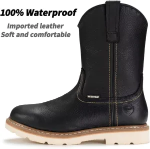 SUREWAY Mens 10 in Soft/Steel Toe Waterproof Wellington Boot,Heavy Duty Pull On Work Boots for Men,Full Grain Leather,Goodyear Welted,Superior Slip Resistant,Waterproof Soft Toe Black,Size 9