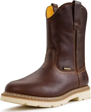 SUREWAY Mens 10 in Soft/Steel Toe Waterproof Wellington Boot,Heavy Duty Pull On Work Boots for Men,Full Grain Leather,Goodyear Welted,Superior Slip Resistant,Waterproof Steel Toe Dark Brown,Size 12