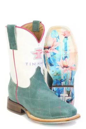 Tin Haul Kids Girls Diamond Girl Cactus Rose Turquoise/White Suede Cowboy Boots