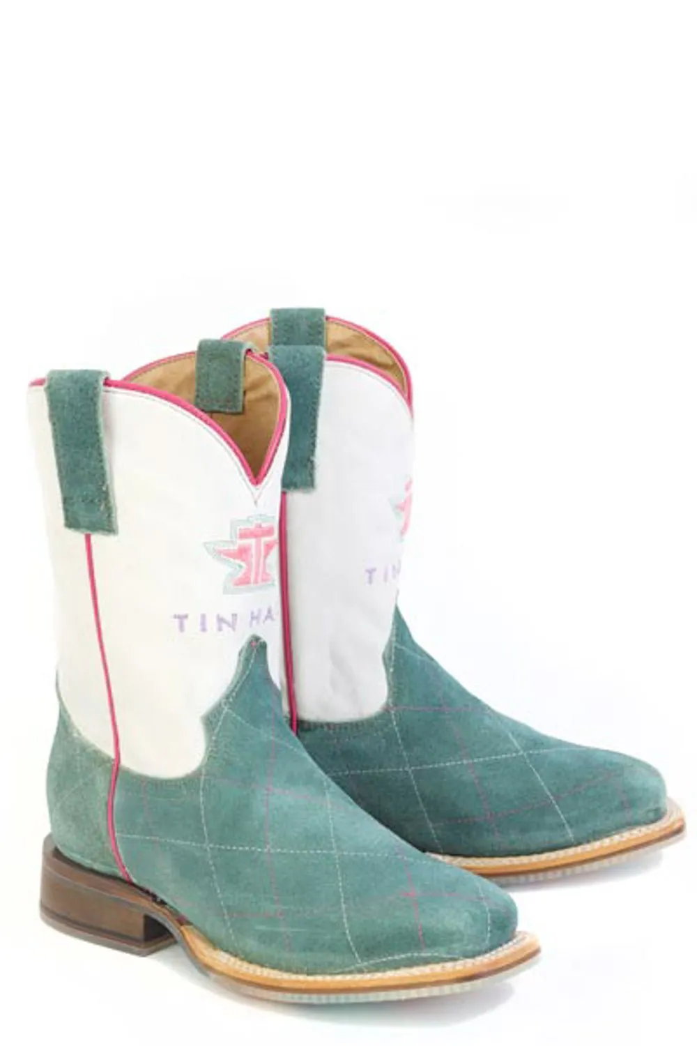 Tin Haul Kids Girls Diamond Girl Cactus Rose Turquoise/White Suede Cowboy Boots