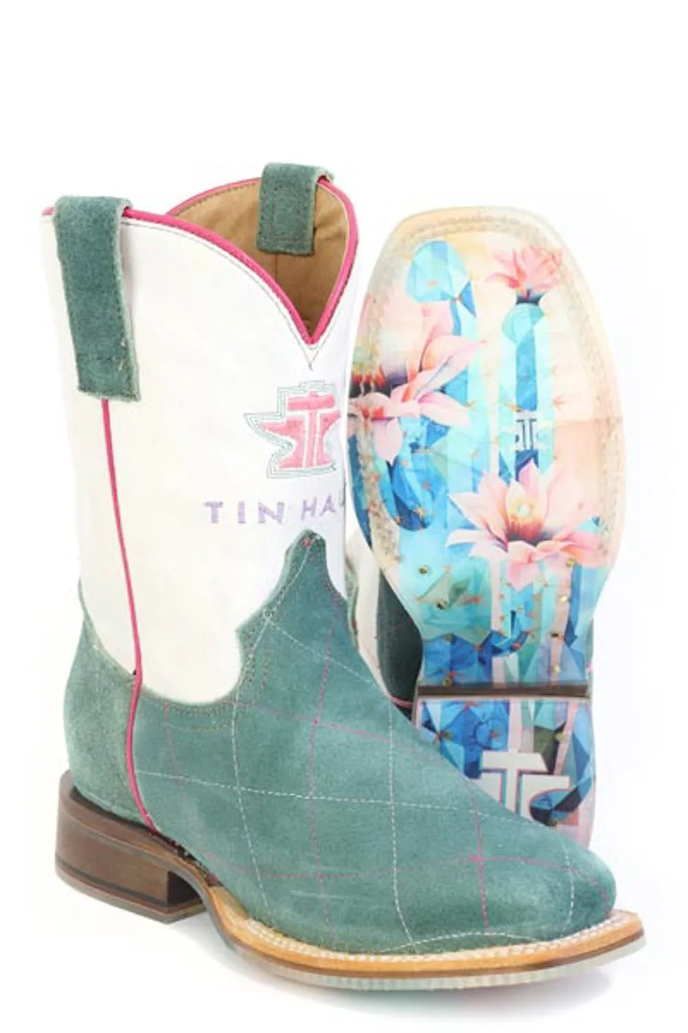 Tin Haul Kids Girls Diamond Girl Cactus Rose Turquoise/White Suede Cowboy Boots