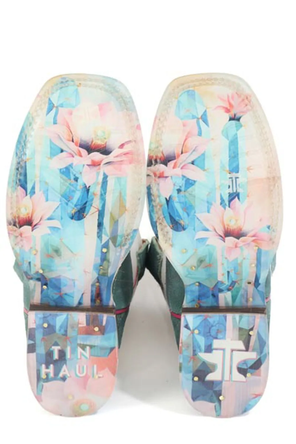 Tin Haul Kids Girls Diamond Girl Cactus Rose Turquoise/White Suede Cowboy Boots