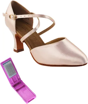 Very Fine Dance Shoes - Ladies Standard, Smooth, Waltz Ballroom Dance Shoes - C9691-2.5-inch Heel and Foldable Brush Bundle - Flesh Satin - 10