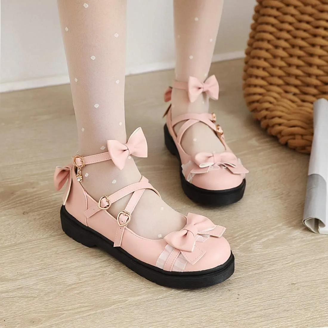 VOKLIN Women's Girls Lolita Mary Jane Flats Sweet Bow Cross Ankle Strap Low Heel Princess Oxford Dress Shoes