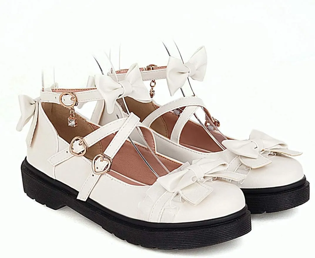 VOKLIN Women's Girls Lolita Mary Jane Flats Sweet Bow Cross Ankle Strap Low Heel Princess Oxford Dress Shoes