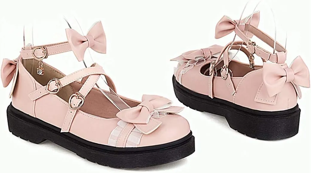 VOKLIN Women's Girls Lolita Mary Jane Flats Sweet Bow Cross Ankle Strap Low Heel Princess Oxford Dress Shoes
