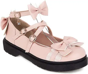 VOKLIN Women's Girls Lolita Mary Jane Flats Sweet Bow Cross Ankle Strap Low Heel Princess Oxford Dress Shoes