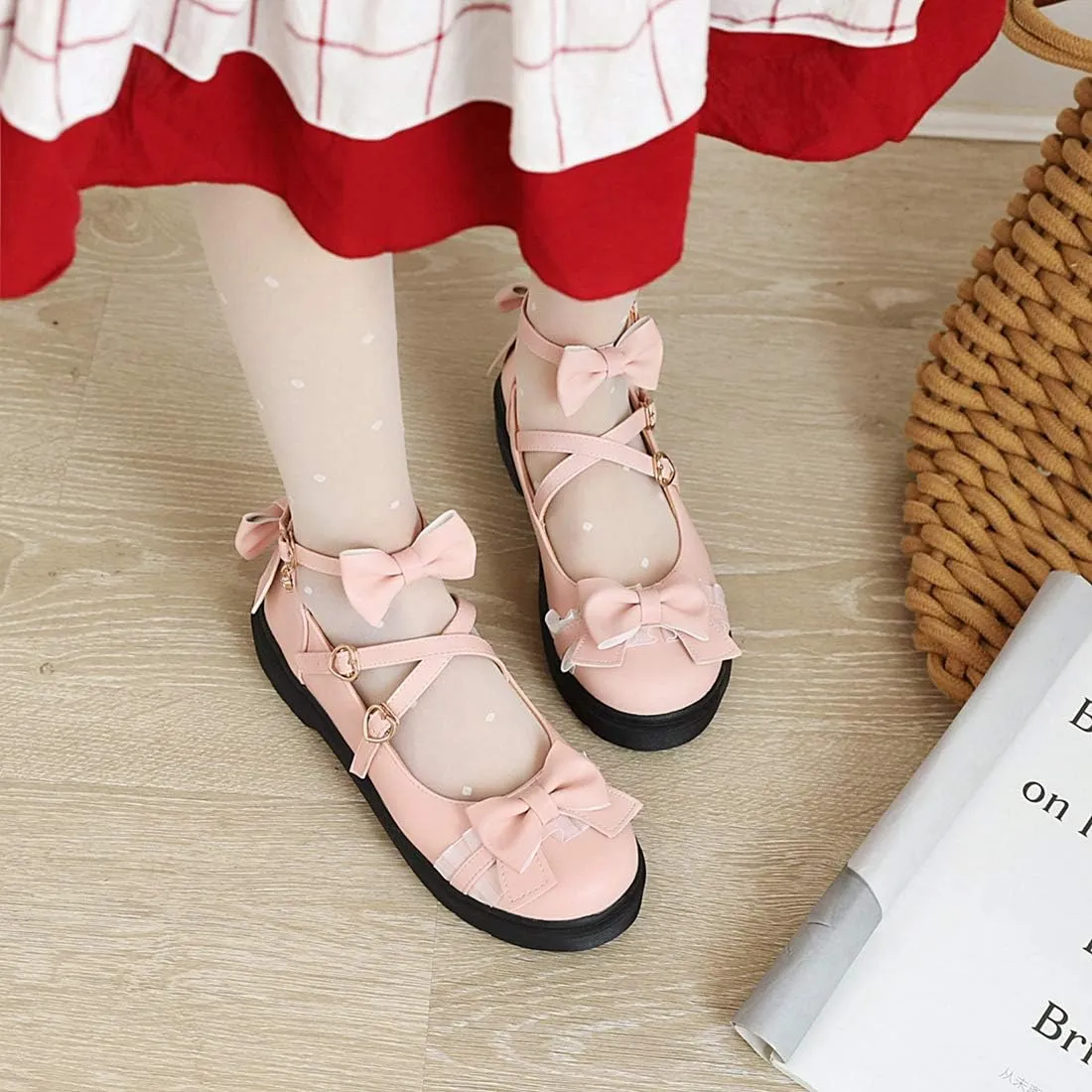 VOKLIN Women's Girls Lolita Mary Jane Flats Sweet Bow Cross Ankle Strap Low Heel Princess Oxford Dress Shoes