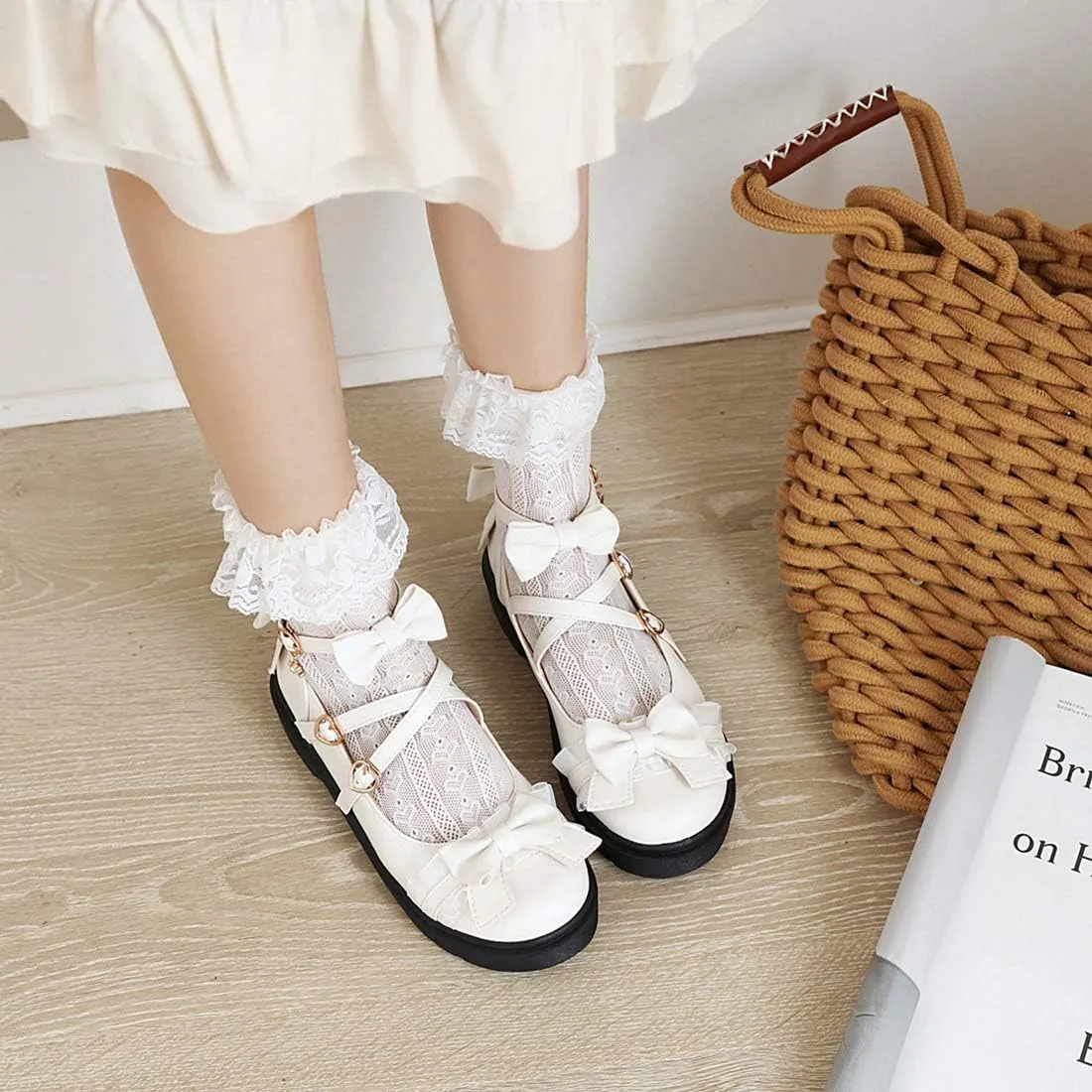 VOKLIN Women's Girls Lolita Mary Jane Flats Sweet Bow Cross Ankle Strap Low Heel Princess Oxford Dress Shoes