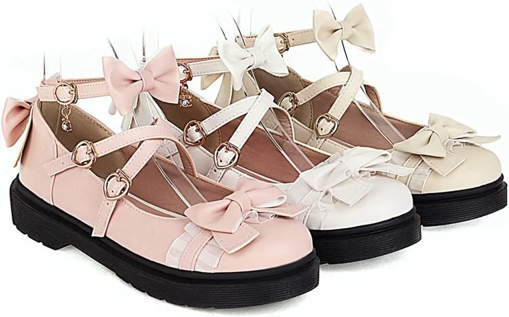 VOKLIN Women's Girls Lolita Mary Jane Flats Sweet Bow Cross Ankle Strap Low Heel Princess Oxford Dress Shoes
