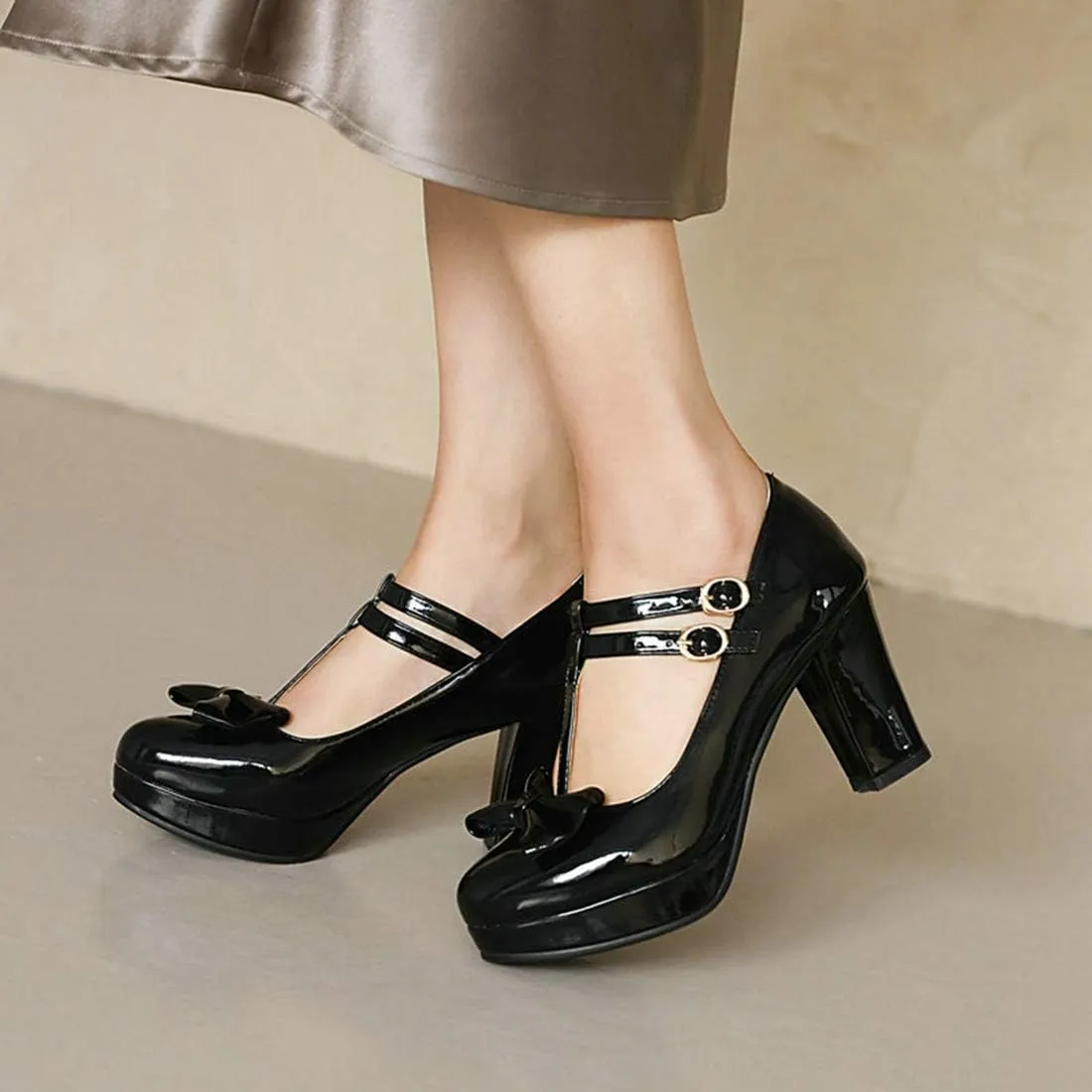 VOKLIN Women's Girls Platform T-Strap Mary Jane Pumps with Bow Ankle Strap Block High Heel Oxford Dress Shoes