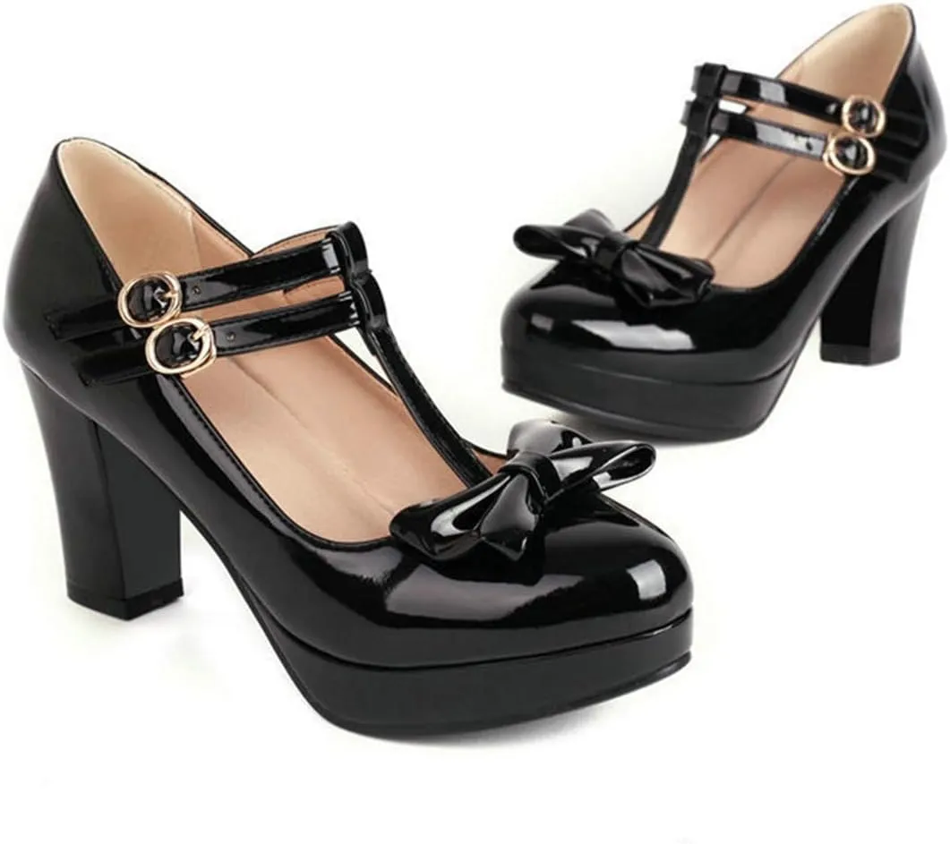 VOKLIN Women's Girls Platform T-Strap Mary Jane Pumps with Bow Ankle Strap Block High Heel Oxford Dress Shoes