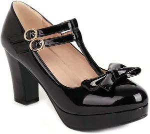 VOKLIN Women's Girls Platform T-Strap Mary Jane Pumps with Bow Ankle Strap Block High Heel Oxford Dress Shoes
