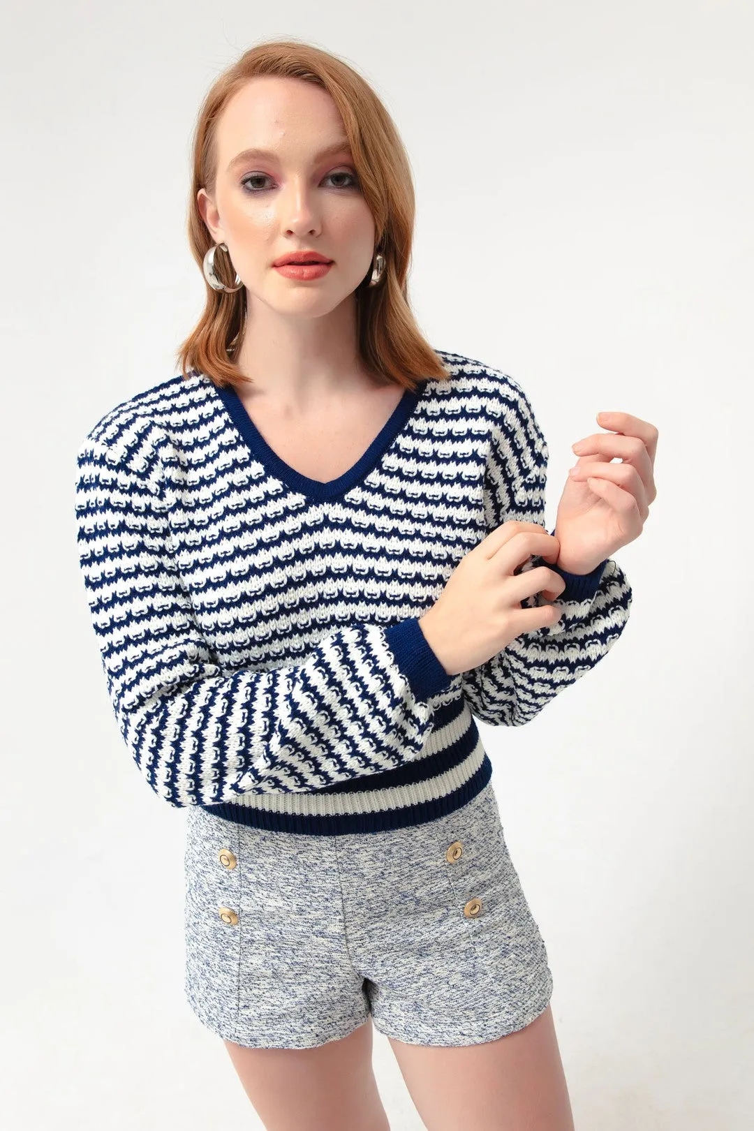 Woman V -Neck Executive Pattern Knitwear Sweater