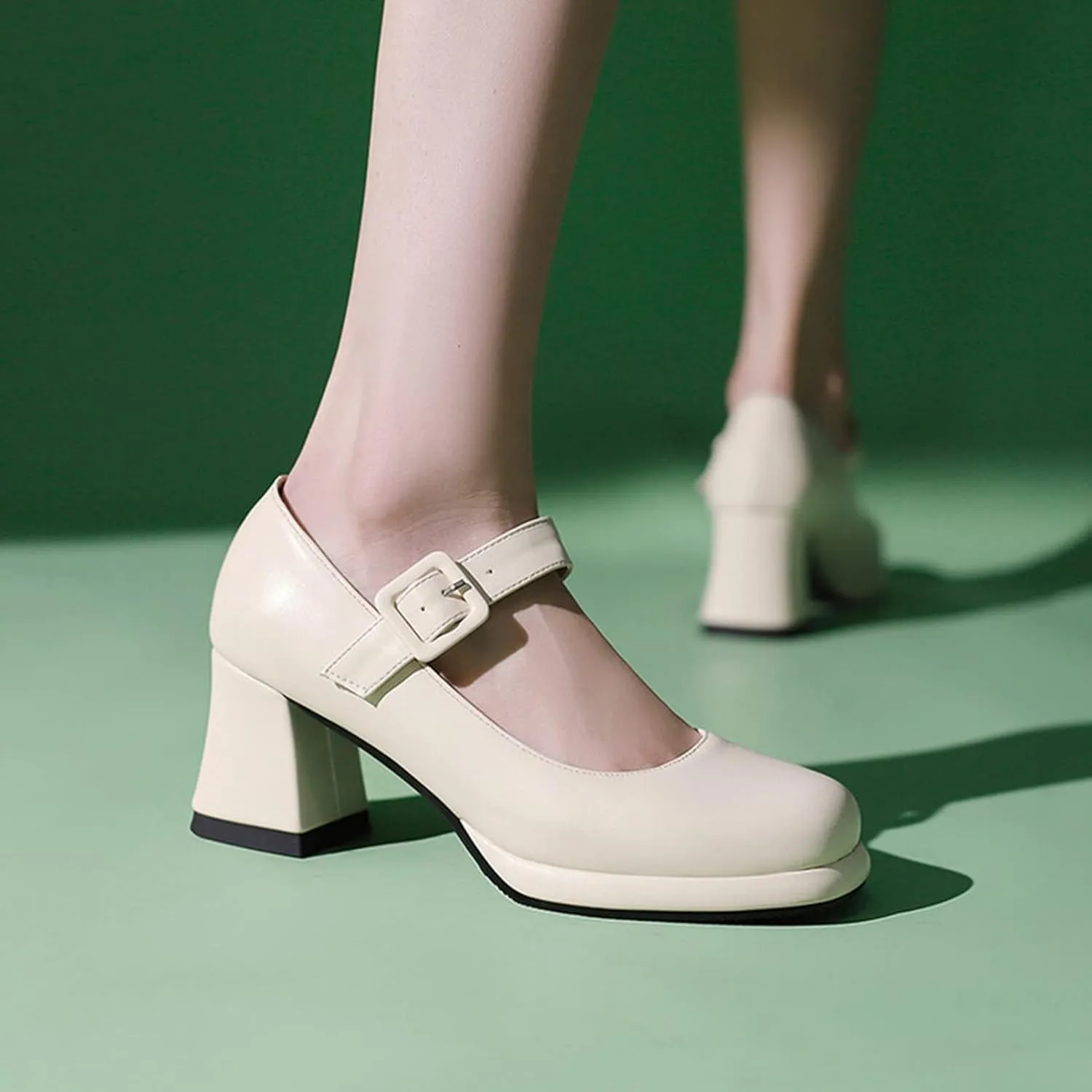 Women's Chunky Heel Mary Jane Dress Shoes Square Toe Buckle Strap Classic Platform Block Heeled Pumps