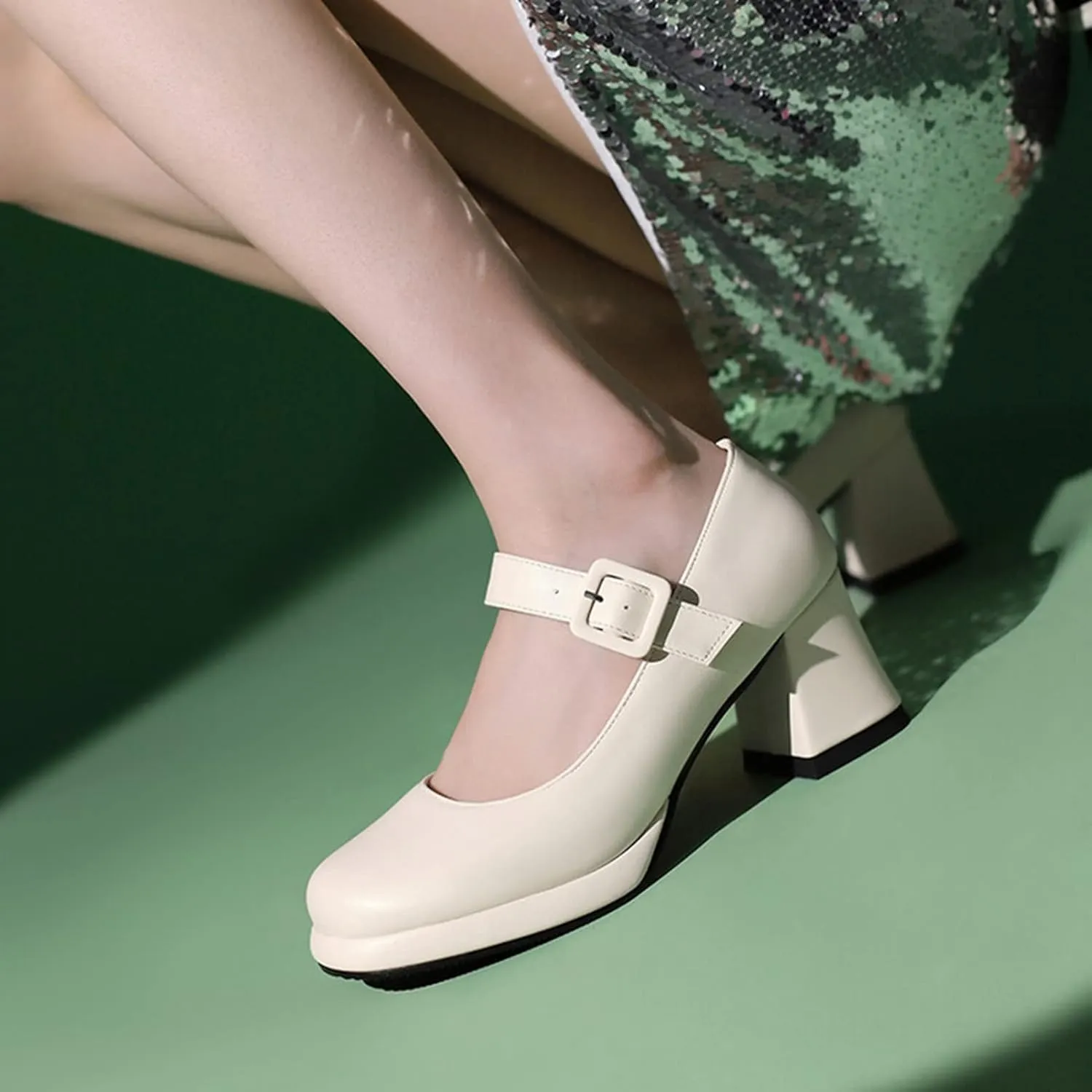 Women's Chunky Heel Mary Jane Dress Shoes Square Toe Buckle Strap Classic Platform Block Heeled Pumps
