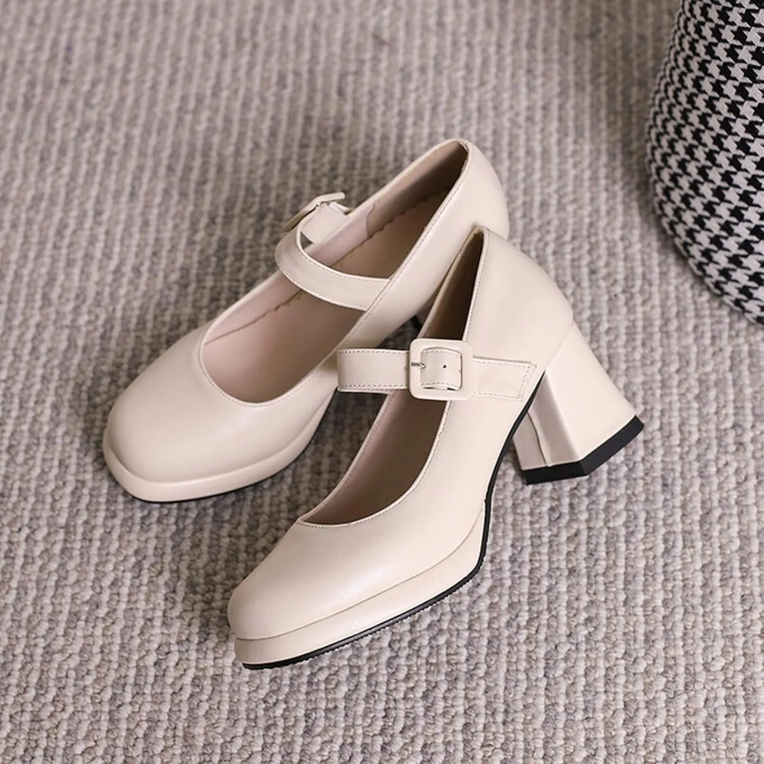 Women's Chunky Heel Mary Jane Dress Shoes Square Toe Buckle Strap Classic Platform Block Heeled Pumps