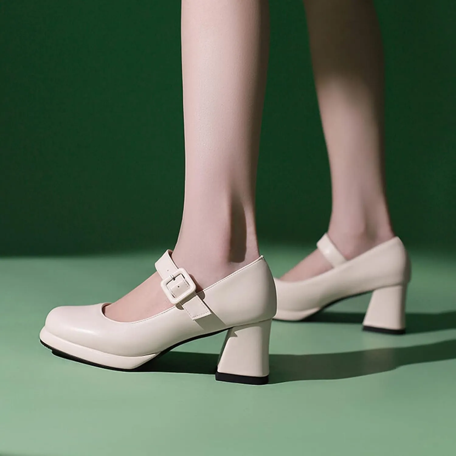 Women's Chunky Heel Mary Jane Dress Shoes Square Toe Buckle Strap Classic Platform Block Heeled Pumps