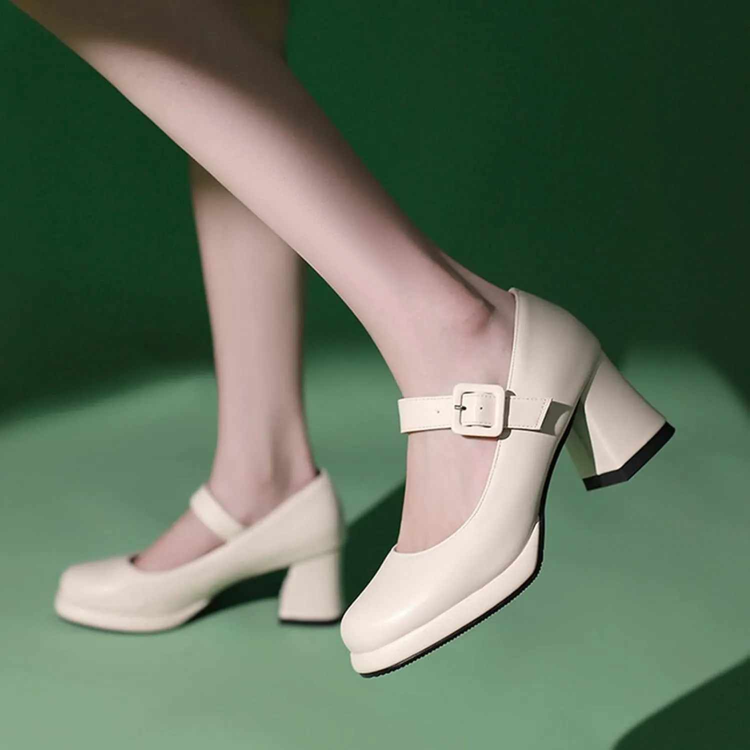 Women's Chunky Heel Mary Jane Dress Shoes Square Toe Buckle Strap Classic Platform Block Heeled Pumps