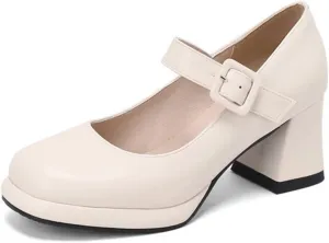 Women's Chunky Heel Mary Jane Dress Shoes Square Toe Buckle Strap Classic Platform Block Heeled Pumps