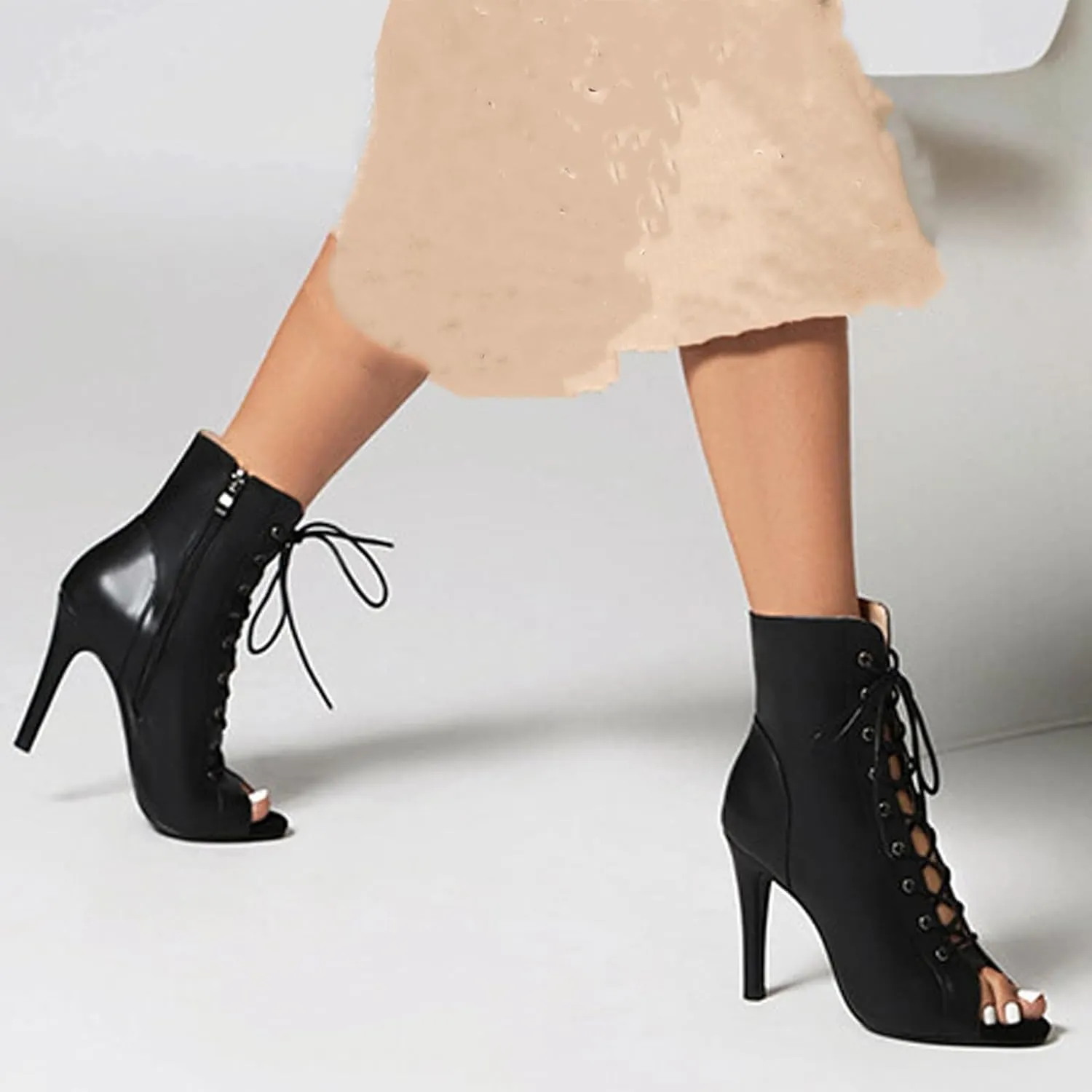 Women's Lace Up Peep Toe Stiletto High Heels Ankle Boot Fashion Side Zipper Sexy Dance Shoes Classic Gladiator Summer Booties