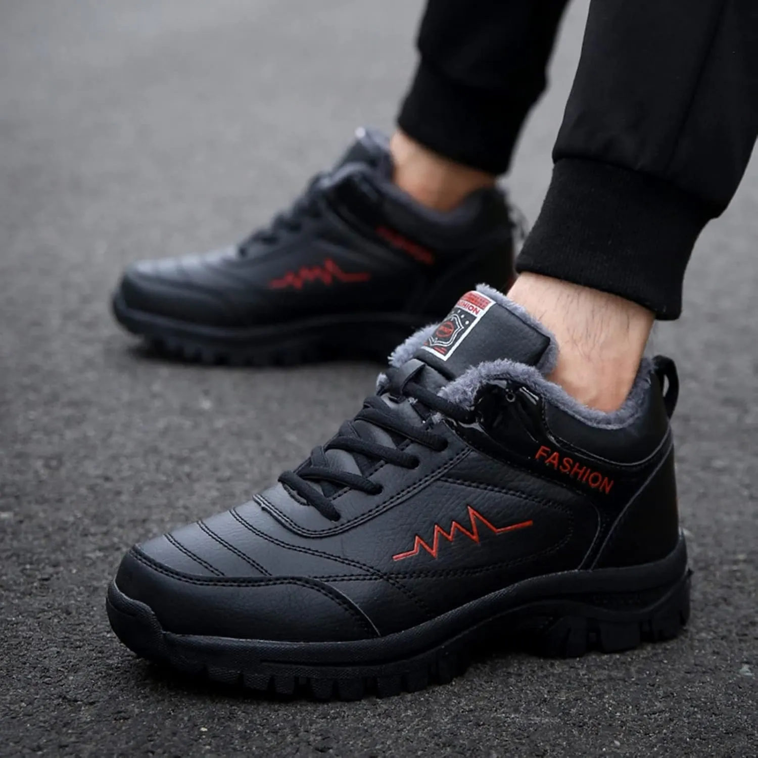 Work Boots for Men Waterproof Hiking Sneakers Warm Fur Lined Workout Shoes for Women Nonslip Lightweight Outdoor Botas Mid Ankle Work Casual Hike Grounded Footwear