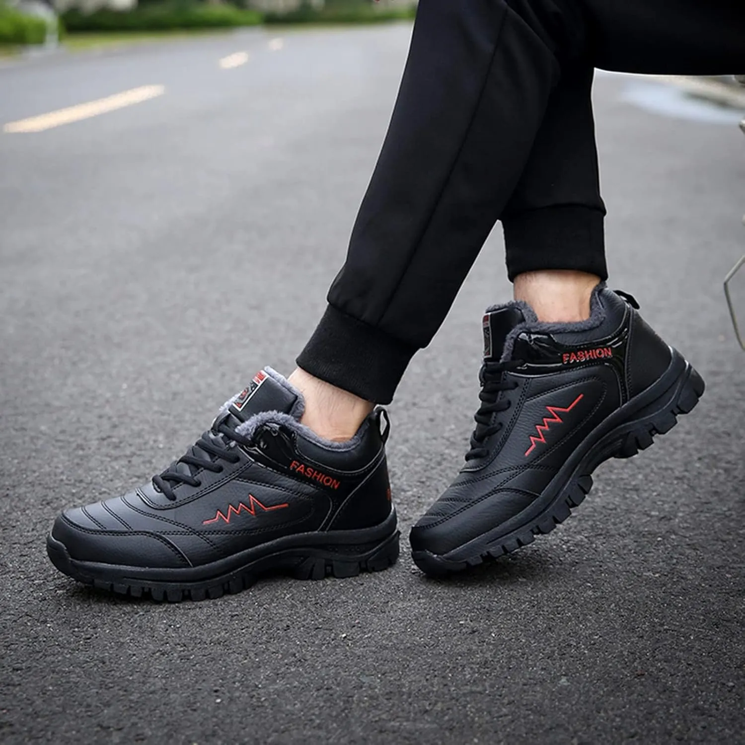 Work Boots for Men Waterproof Hiking Sneakers Warm Fur Lined Workout Shoes for Women Nonslip Lightweight Outdoor Botas Mid Ankle Work Casual Hike Grounded Footwear