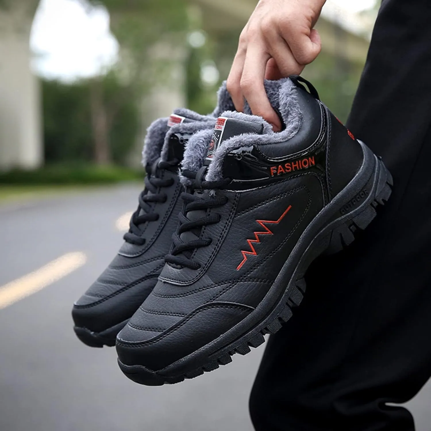Work Boots for Men Waterproof Hiking Sneakers Warm Fur Lined Workout Shoes for Women Nonslip Lightweight Outdoor Botas Mid Ankle Work Casual Hike Grounded Footwear