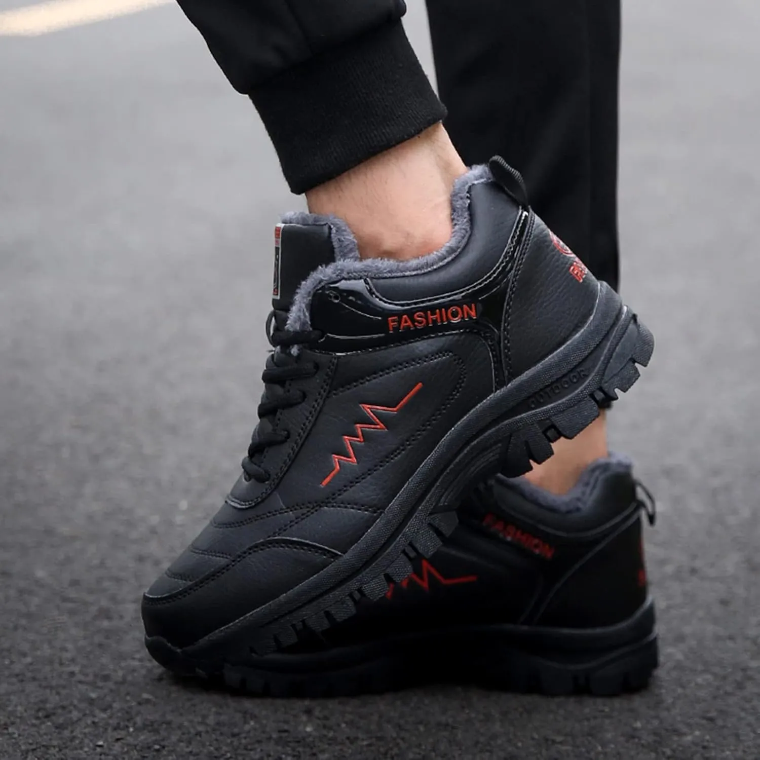 Work Boots for Men Waterproof Hiking Sneakers Warm Fur Lined Workout Shoes for Women Nonslip Lightweight Outdoor Botas Mid Ankle Work Casual Hike Grounded Footwear